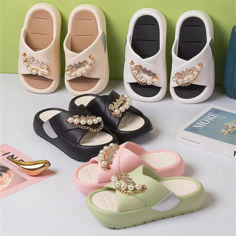 Two-Tone Thick Platform Cross Strap Pearl Slipper