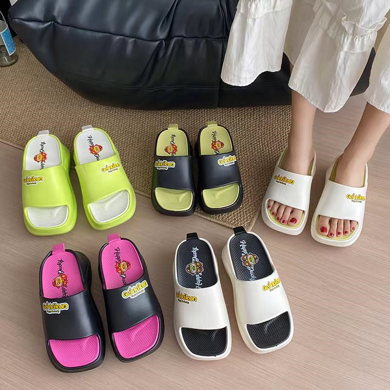 Women Summer Flat Slide Slipper with Double Colors Thick Sole